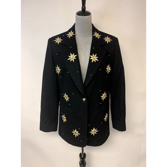 Blazer Womens Black Vintage Boutique Stones Stars 80s Classic Timeless Festive - Picture 1 of 9